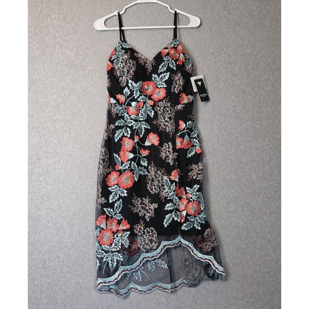 NWT GUESS Black Floral Embroidered Mesh Overlay Bodycon Mini Dress Women's 4